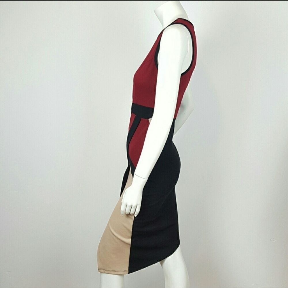 BODYCON MIDI DRESS MULTICOLOR BURGANDY-BLACK- CREAM ASIMETRICAL‎ - Picture 2 of 5